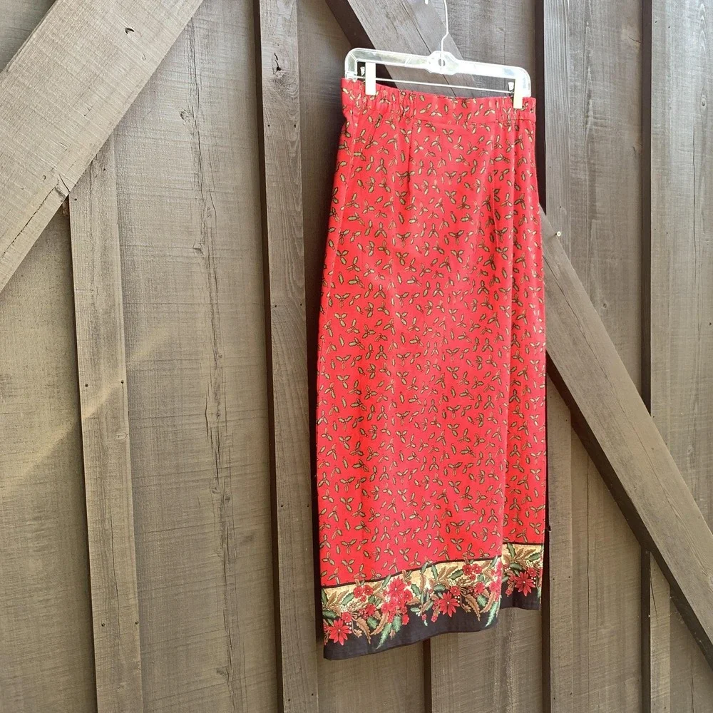 Sun River Skirt Womens Medium Red Christmas Holly Poinsettia Border Print Cotton
